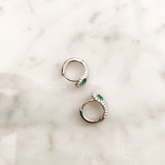 925 Silver CZ Pave Snake Mini Hoop Earrings - Picture 4 of 6